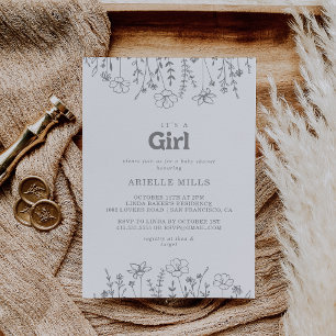 Invitation Fleur sauvage grise minimale C'est une fille Baby 