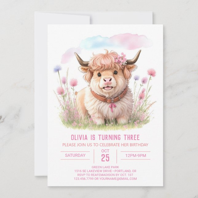 Invitation Fleur sauvage Highland Cow Bliss Girl Birthday (Devant)