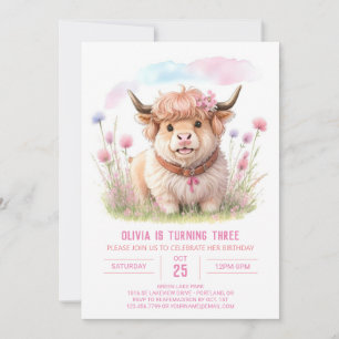 Invitation Fleur sauvage Highland Cow Bliss Girl Birthday