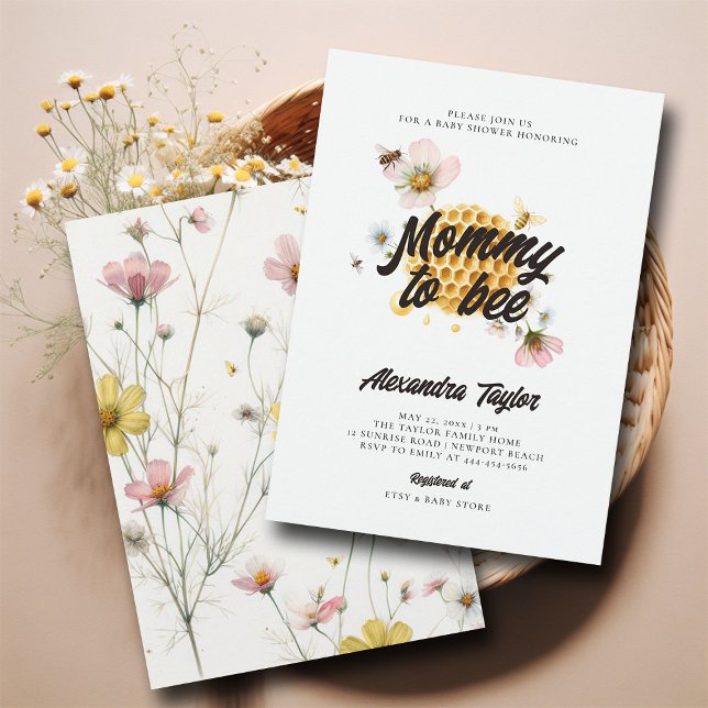 Invitation Fleur sauvage Honey maman à Bee Baby Girl Douche (mommy to bee baby girl shower invitation watercolor illustration honey combs whimsical wildflowers)