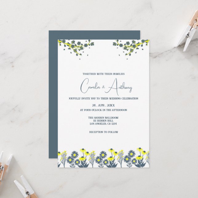 Invitation Fleur sauvage jaune bleu Floral Boho Mariage (Devant/Arrière en situation)