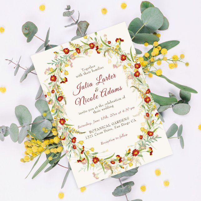 Invitation Fleur Sauvage Jaune Feuillage Mariage Souci (Créateur téléchargé)