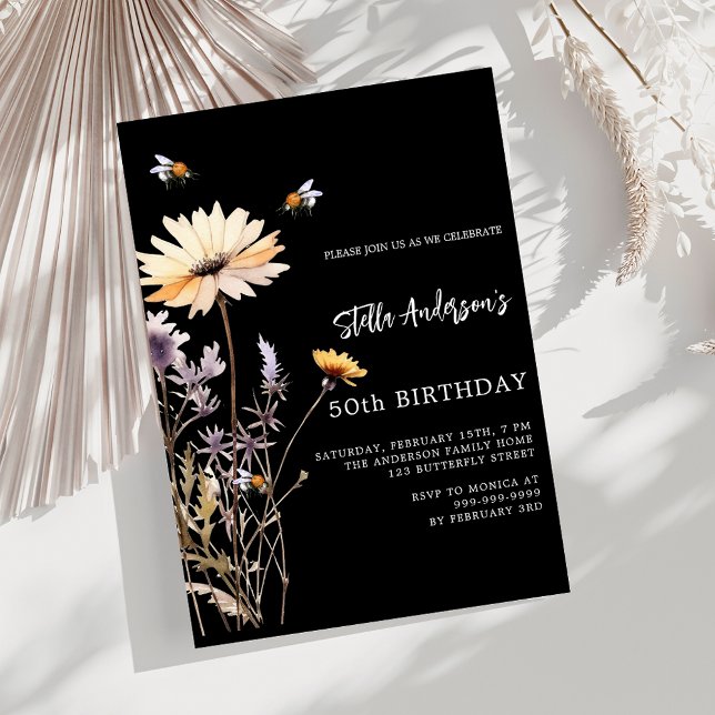 Invitation Fleur sauvage jaune noir violet luxe anniversaire (Créateur téléchargé)