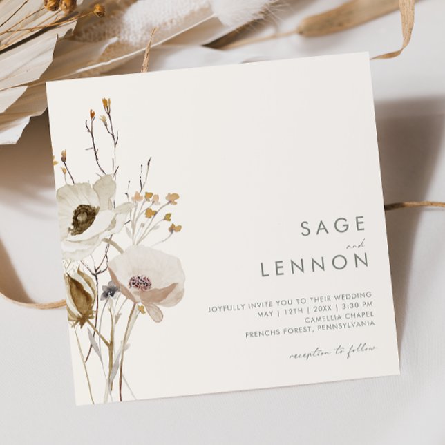 Invitation Fleur sauvage lunatique | Mariage Carré ivoire (Créateur téléchargé)