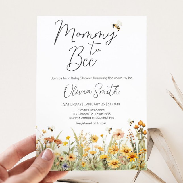 Invitation Fleur sauvage Maman to Bee Baby shower (Mommy to Bee Wildflower Baby Shower Invitation)