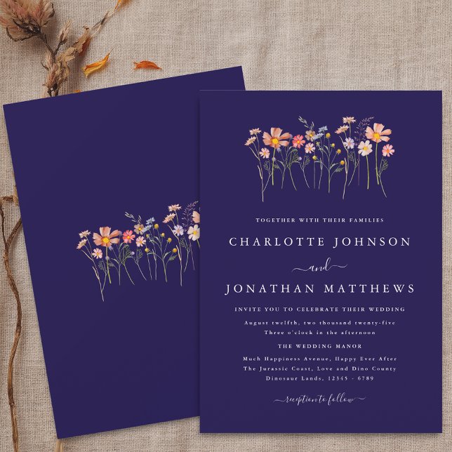 Invitation Fleur sauvage Mariage de automne Marine Bleu Terra (Boho fall simple Wildflower floral navy blue terracotta blush pink Wedding invitation)