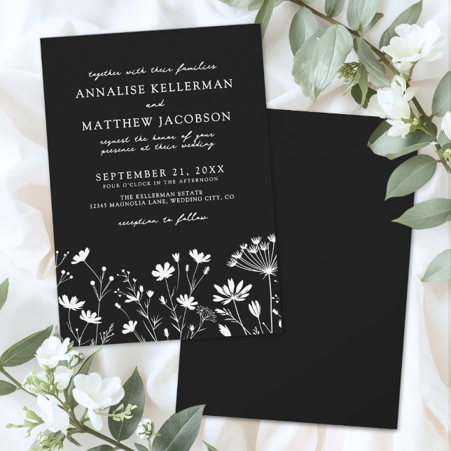Invitation Fleur Sauvage Mariage Floral Noir Blanc (Wildflower Black White Floral Wedding Invitation)