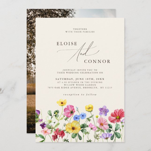 Invitation Fleur sauvage Mariage Rustic Chic Boho Photo moder (Devant / Derrière)