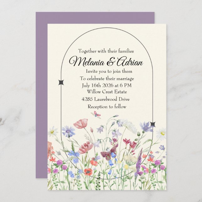 Invitation Fleur sauvage Mariage violet de luxe violet (Devant / Derrière)