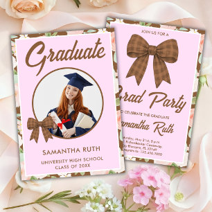 Invitation Fleur Sauvage Marron Gingham Nœud Photo Remise des