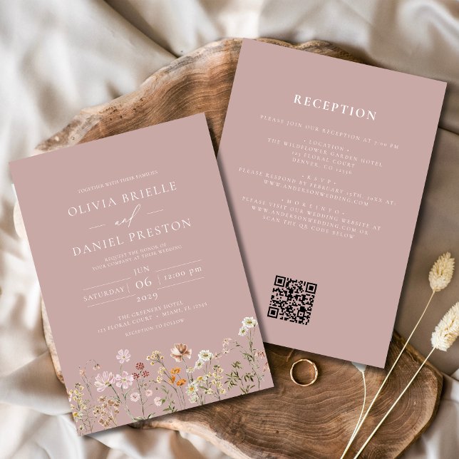 Invitation Fleur sauvage Mauve rose tout en un Mariage de cod (Créateur téléchargé)