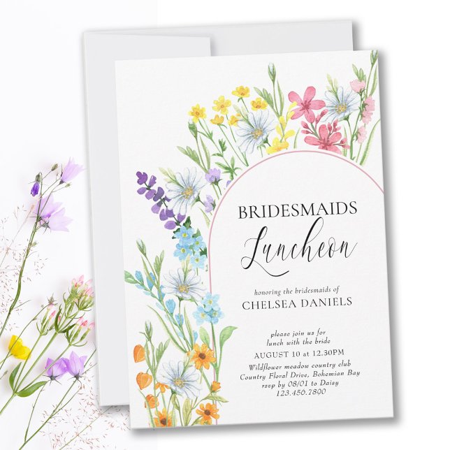 Invitation Fleur sauvage Meadow Arch Bridesmaiers Déjeuner (Delicate, feminine and colorful with country meadow flowers and elegant calligraphy)