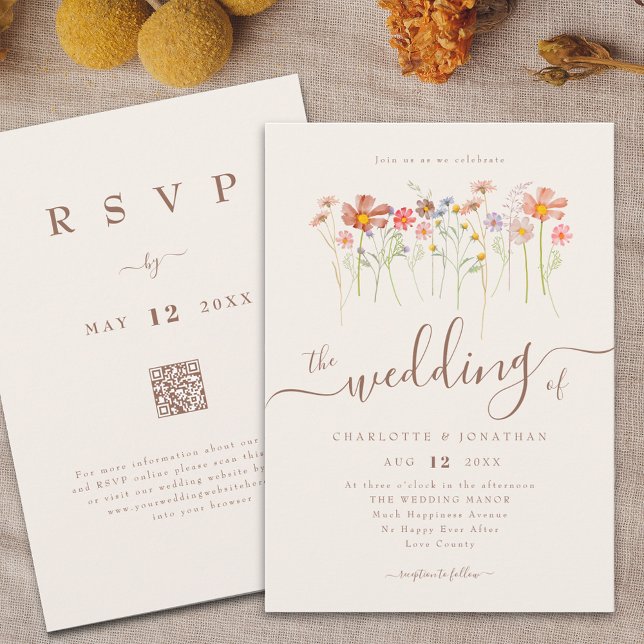 Invitation Fleur sauvage Meadow Beige Terracotta Code QR (Boho WILDFLOWER MEADOW BOHO FLORAL BEIGE WEDDING QR CODE INVITATION whimsical elegant script )