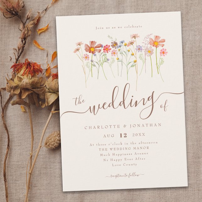 Invitation Fleur sauvage Meadow Boho Script Beige Terracotta (Wildflower meadow fall wedding invitation whimsical elegant modern script watercolor florals)