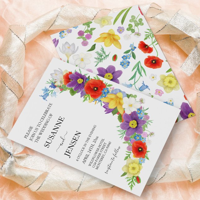 Invitation Fleur sauvage Meadow Colorful White Spring Wedding (Wildflower Meadow Colorful White Spring Wedding Invitation)
