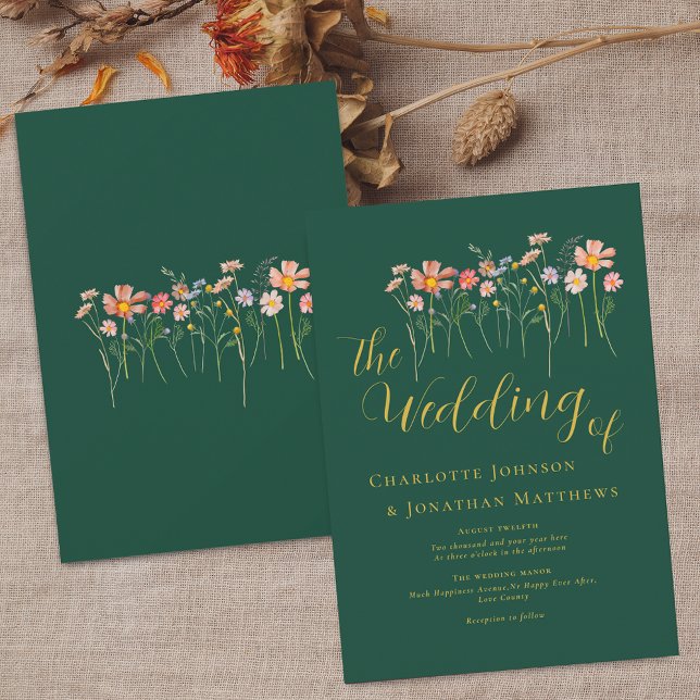 Invitation Fleur sauvage Meadow Élégant Script Dark Green & G (Wildflower boho fall floral dark green & gold fall Wedding invitation Elegant script watercolor)
