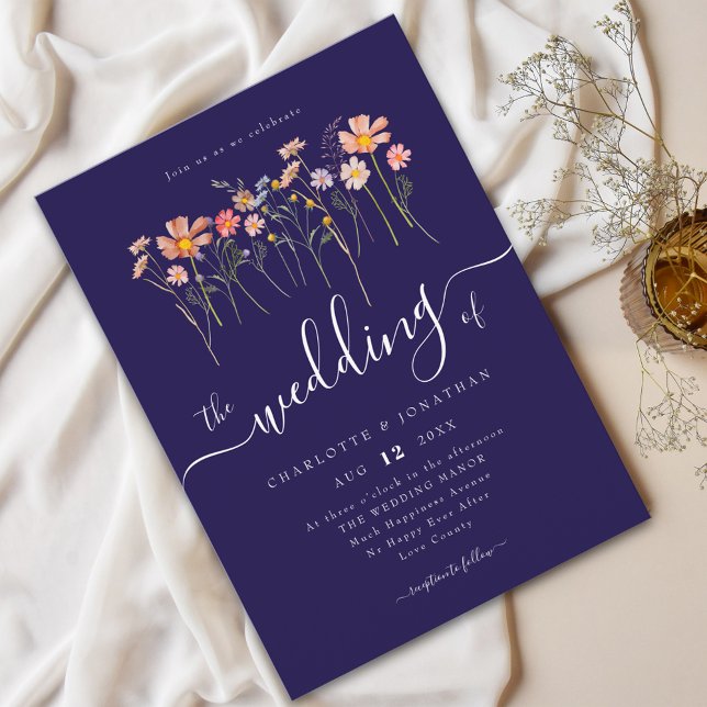 Invitation Fleur sauvage Meadow Élégant Script Marine Bleu &  (Wildflower meadow rustic boho floral navy blue blush pink wedding white elegant modern script)