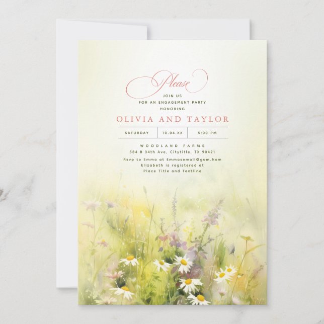Invitation Fleur sauvage Meadow Elegant Summer Engagement Par (Devant)