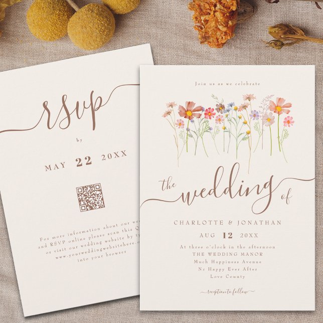 Invitation Fleur sauvage Meadow Floral Beige QR code (WILDFLOWER MEADOW BOHO FLORAL BEIGE WEDDING QR CODE INVITATION WATERCOLOR AUTUMN FLOWERS FALL COLORS)
