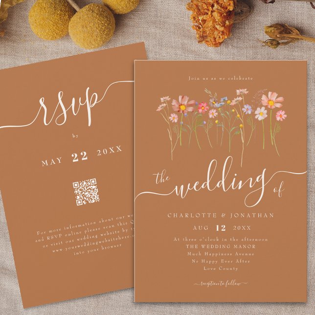 Invitation Fleur sauvage Meadow Floral Brown sucre Beige code (Wildflower meadow boho floral brown sugar & beige Wedding qr code invitation Elegant script)