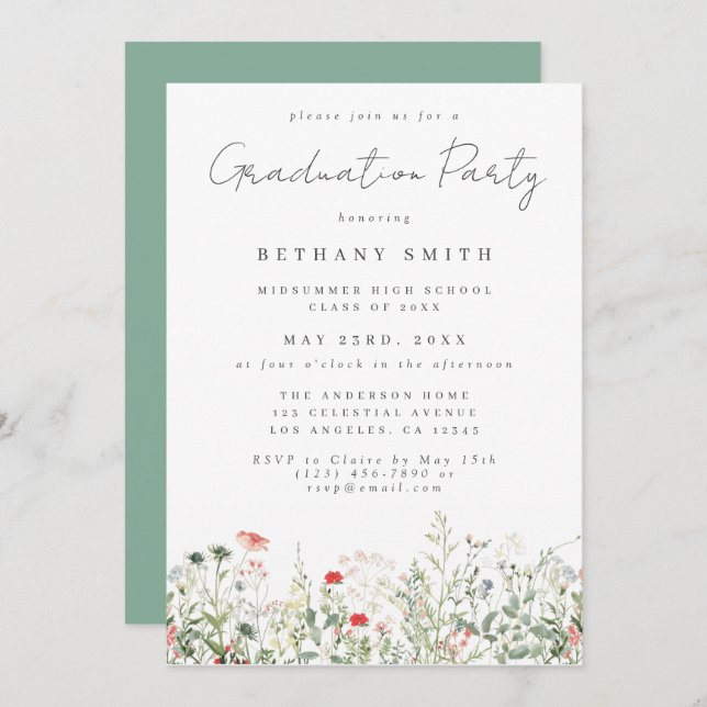 Invitation Fleur sauvage Meadow Graduation Party (Devant / Derrière)