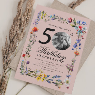 Invitation Fleur sauvage Meadow Photo 50th Birthday Blush Ros