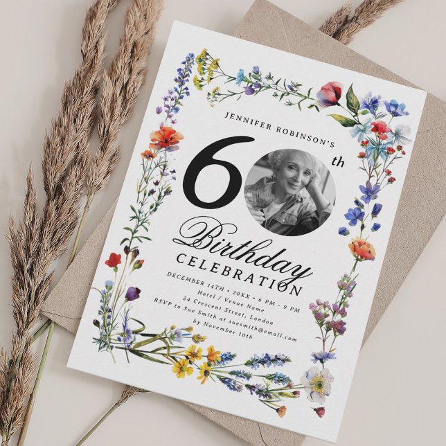 Invitation Fleur sauvage Meadow Photo 60e fête d'anniversaire (Wildflower Meadow Photo 60th Birthday Party Invitation)