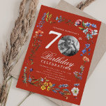 Invitation Fleur sauvage Meadow Photo 70th Birthday Party Red<br><div class="desc">Un design élégant "70th Birthday" soirée invitation avec photo personnalisée,  typographie moderne et motif fleur sauvage.</div>