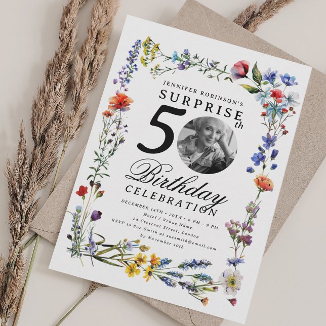 Invitation Fleur sauvage Meadow Photo SURPRISE 50e anniversai (Wildflower Meadow Photo SURPRISE 50th Birthday Invitation)