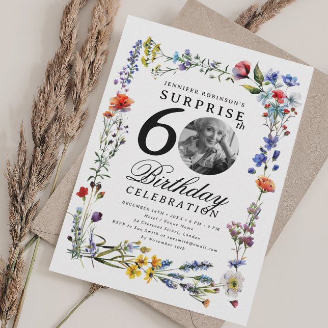 Invitation Fleur sauvage Meadow Photo SURPRISE 60e anniversai (Wildflower Meadow Photo SURPRISE 60th Birthday Invitation)