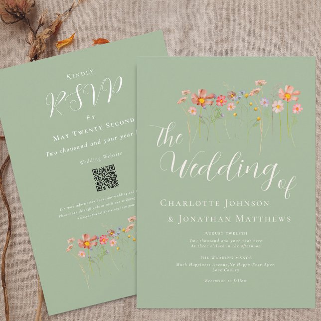 Invitation Fleur sauvage Meadow Sage vert QR Code Mariage (Boho fall Wildflower meadow sage green Wedding qr code invitation Elegant script modern watercolor)