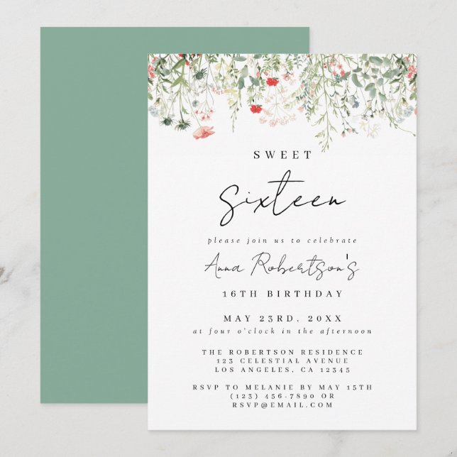 Invitation Fleur sauvage Meadow Sweet 16 Anniversaire (Devant / Derrière)