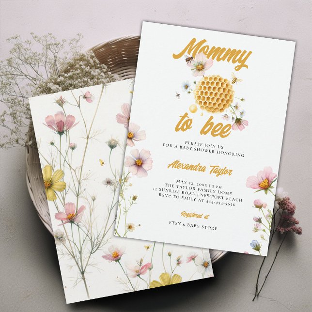 Invitation Fleur sauvage Miel peigne maman abeille bébé fille (mommy to bee baby girl shower invitation watercolor illustration honey comb whimsical wildflowers)