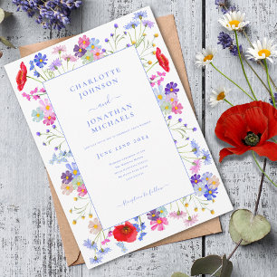 Invitation Fleur sauvage moderne aquarelle Mariage bleu