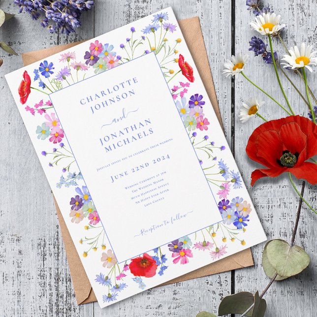 Invitation Fleur sauvage moderne aquarelle Mariage bleu (Colorful wildflower elegant blue wedding invitation with red poppy blue cornflower )