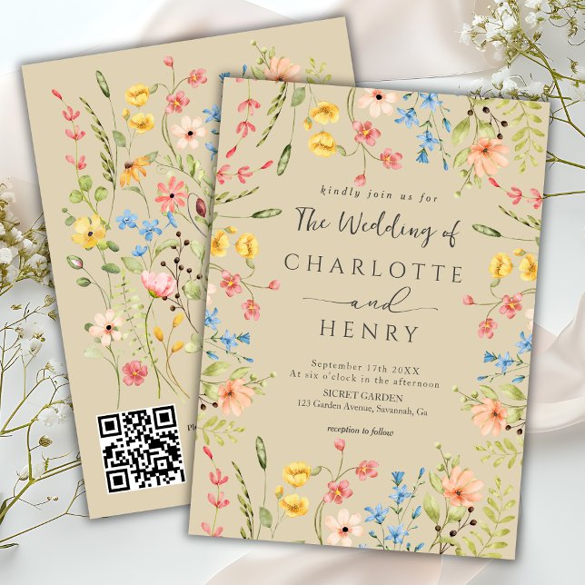 Invitation Fleur sauvage moderne Jardin beige QR Code Mariage (Créateur téléchargé)