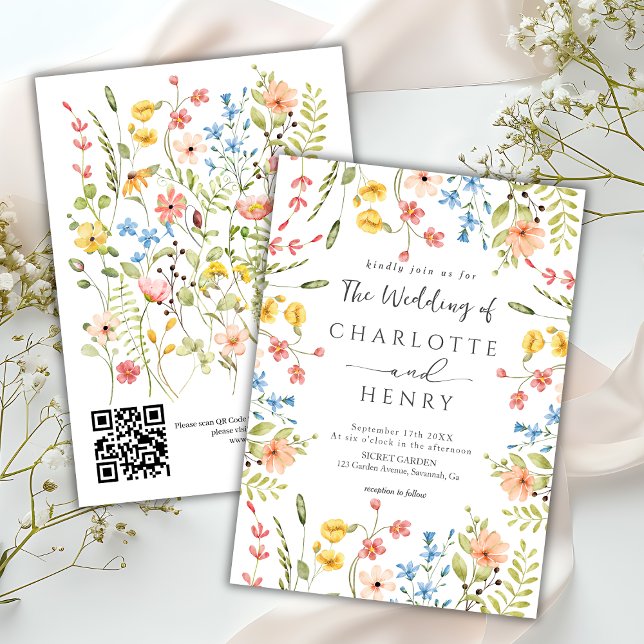 Invitation Fleur sauvage Moderne Jardin QR Code Mariage (Créateur téléchargé)