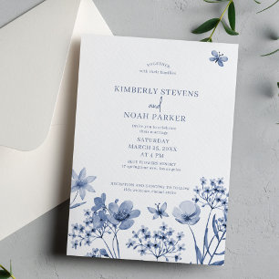 Invitation Fleur sauvage moderne mariage bleu poussiéreux