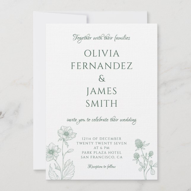 Invitation Fleur sauvage moderne minimaliste Mariage vert  (Devant)