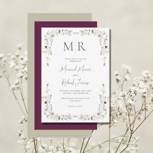 Invitation Fleur sauvage moderne Monogram Bourgogne Mariage