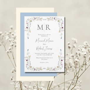 Invitation Fleur sauvage moderne Monogramme Mariage bleu