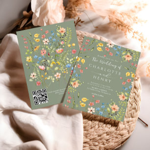 Invitation Fleur sauvage Moderne Sage Garden QR Code Mariage