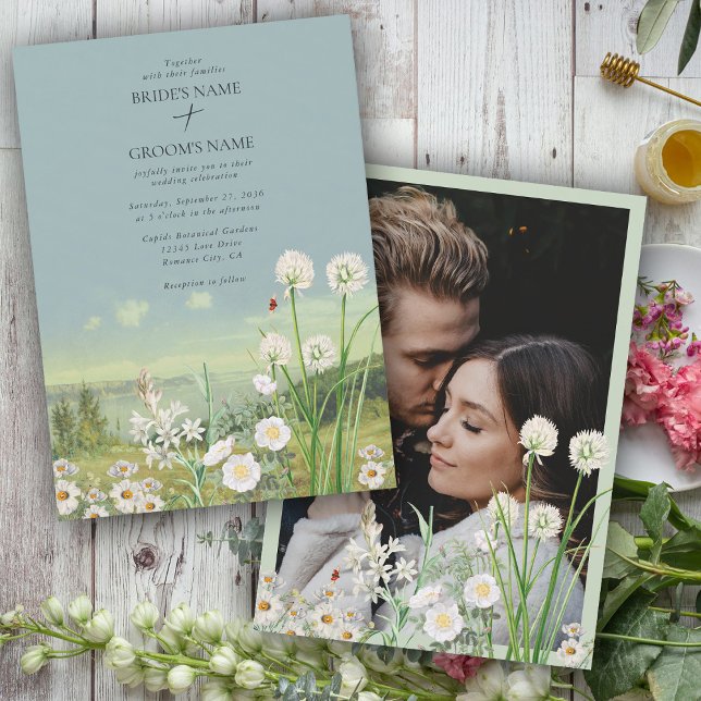 Invitation Fleur sauvage Mountain Paysage Mariage Photo perso (Wildflower Mountain Landscape Wedding Custom Photo Invitation)