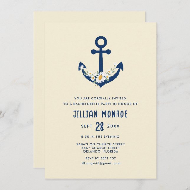 Invitation Fleur sauvage nautique Ancre Bachelorette Party (Devant / Derrière)