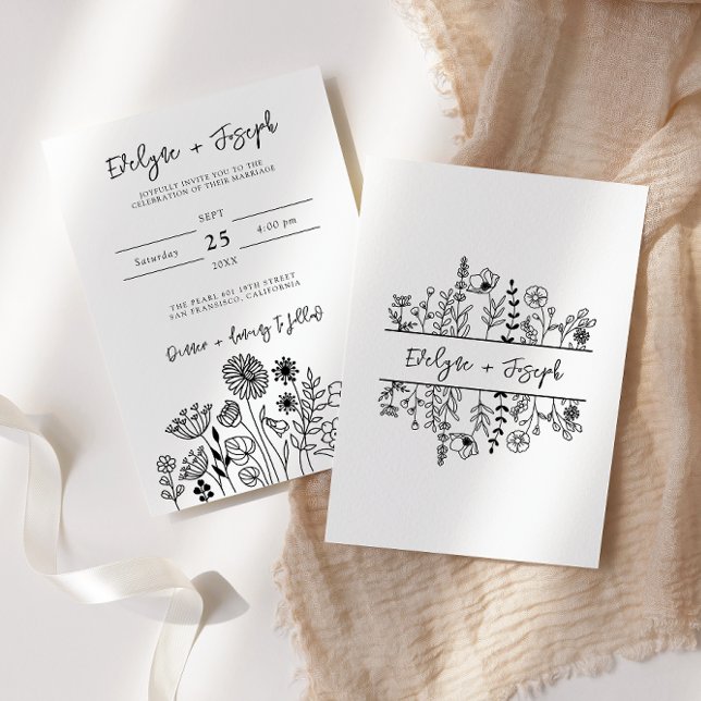 Invitation Fleur sauvage noir & blanc Boho Chic Mariage moder (Créateur téléchargé)