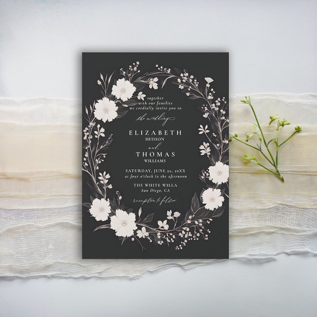 Invitation Fleur sauvage Noir Blanc Téméraire Chic Mariage él (wildflowers wedding invitation black and white floral wreath formal elegant modern romantic boho)