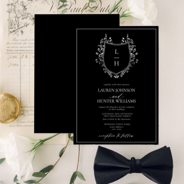 Invitation Fleur sauvage noir classique Monogram Crest Mariag (Créateur téléchargé)