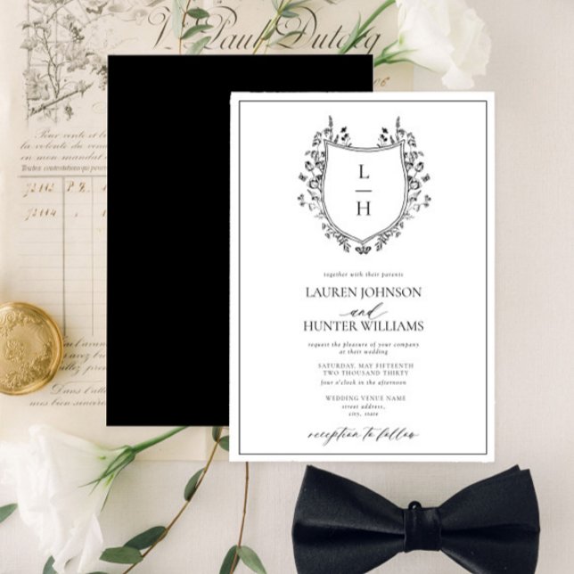 Invitation Fleur sauvage noir classique Monogram Crest Mariag (Créateur téléchargé)