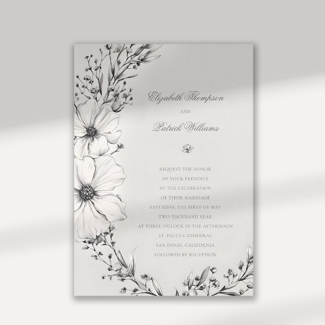 Invitation Fleur sauvage Noir ivoire Formal Elégant Mariage (wildflowers wedding invitation black and white formal elegant traditional calligraphy floral wreath)