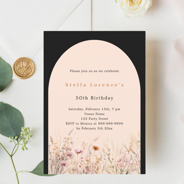 Invitation Fleur sauvage noir pêche rose fleurons anniversair (Créateur téléchargé)